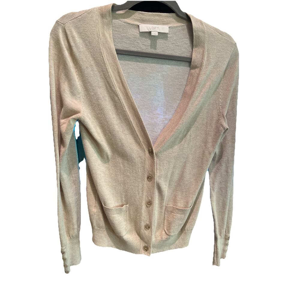 Loft Ivory Button Front V-Neck Cardigan, Size Small